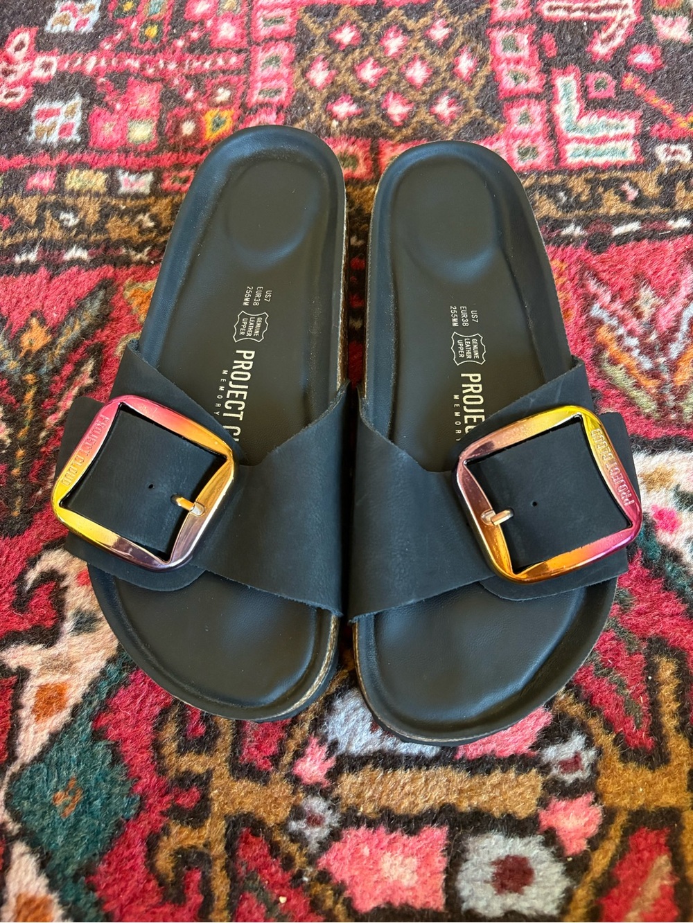Euc Project cloud Mykonos matte Black Slide Sandals with Iridescent Buckles